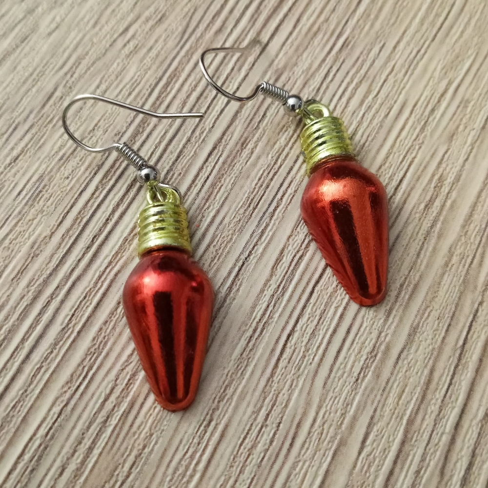 Holiday Christmas lightbulb festive earrings hand crafted metallic new handmade
